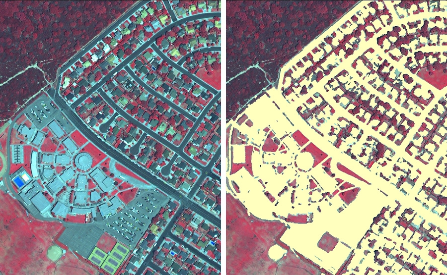 Side-by-side satellite images of a suburban neighborhood; the left shows a natural color infrared view with red vegetation, and the right shows a processed version highlighting built-up areas in light yellow.