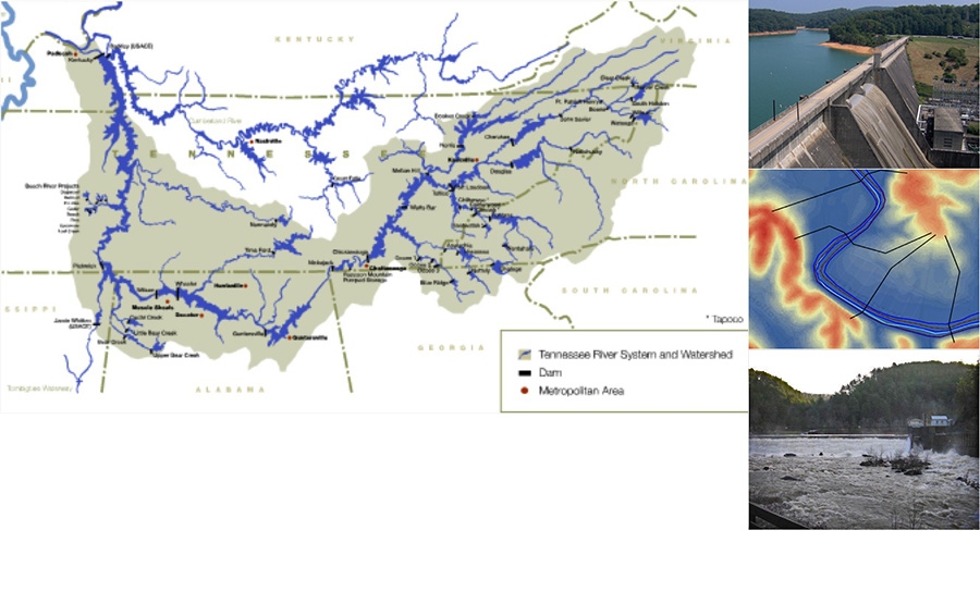 Map of the Tennessee River watershed with rivers, dams, and metro areas marked; adjacent photos show a dam, a flood risk map, and water being released from a dam.