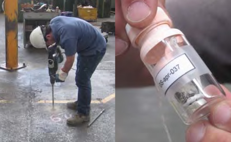 A worker drills into concrete at a construction site (left), and a close-up shows a hand holding a small vial labeled Sep-037 containing concrete fragments (right).