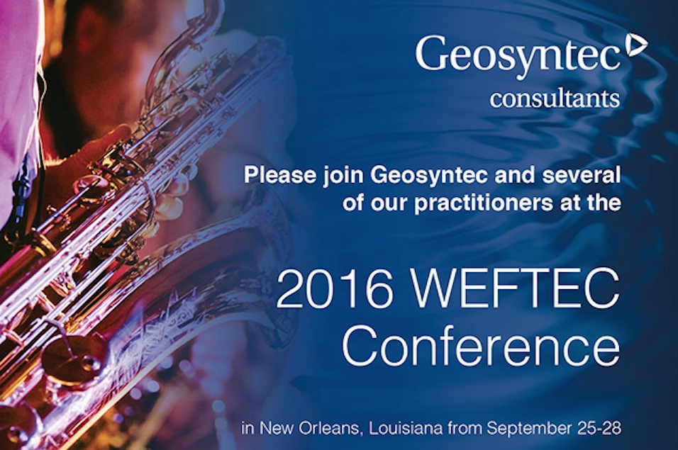 1f8cbe1b27f957df422e47f45f6e2924 A saxophonist playing, with text inviting people to join Geosyntec Consultants at the 2016 WEFTEC Conference in New Orleans, Louisiana, from September 25-28.