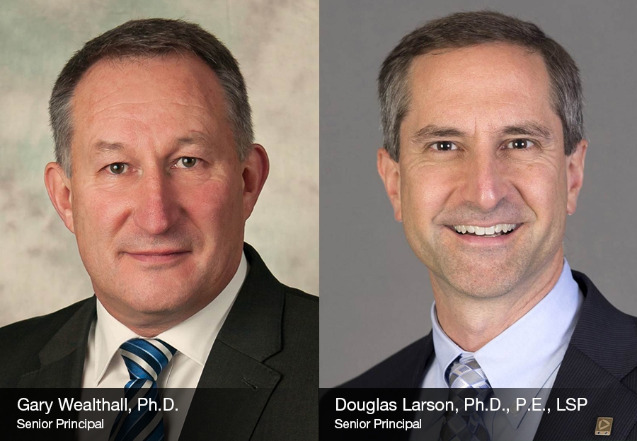 Side-by-side professional headshots of two men in suits, with text identifying them as Gary Wealthall, Ph.D., and Douglas Larson, Ph.D., P.E., LSP, both listed as Senior Principals.