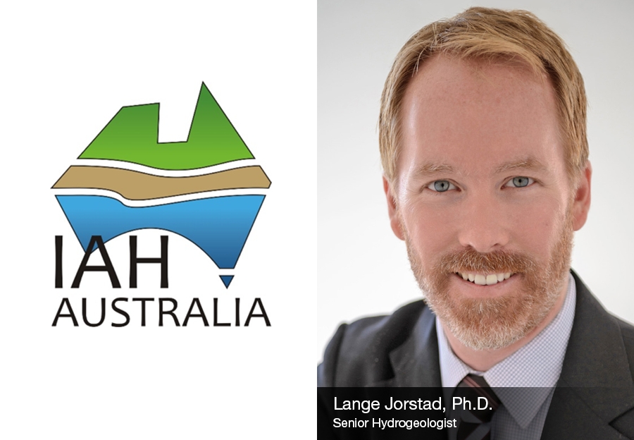 Split image: Left side shows the IAH Australia logo with stylized land and water. Right side is a professional headshot of a man in a suit, labeled “Lange Jorstad, Ph.D., Senior Hydrogeologist.”.