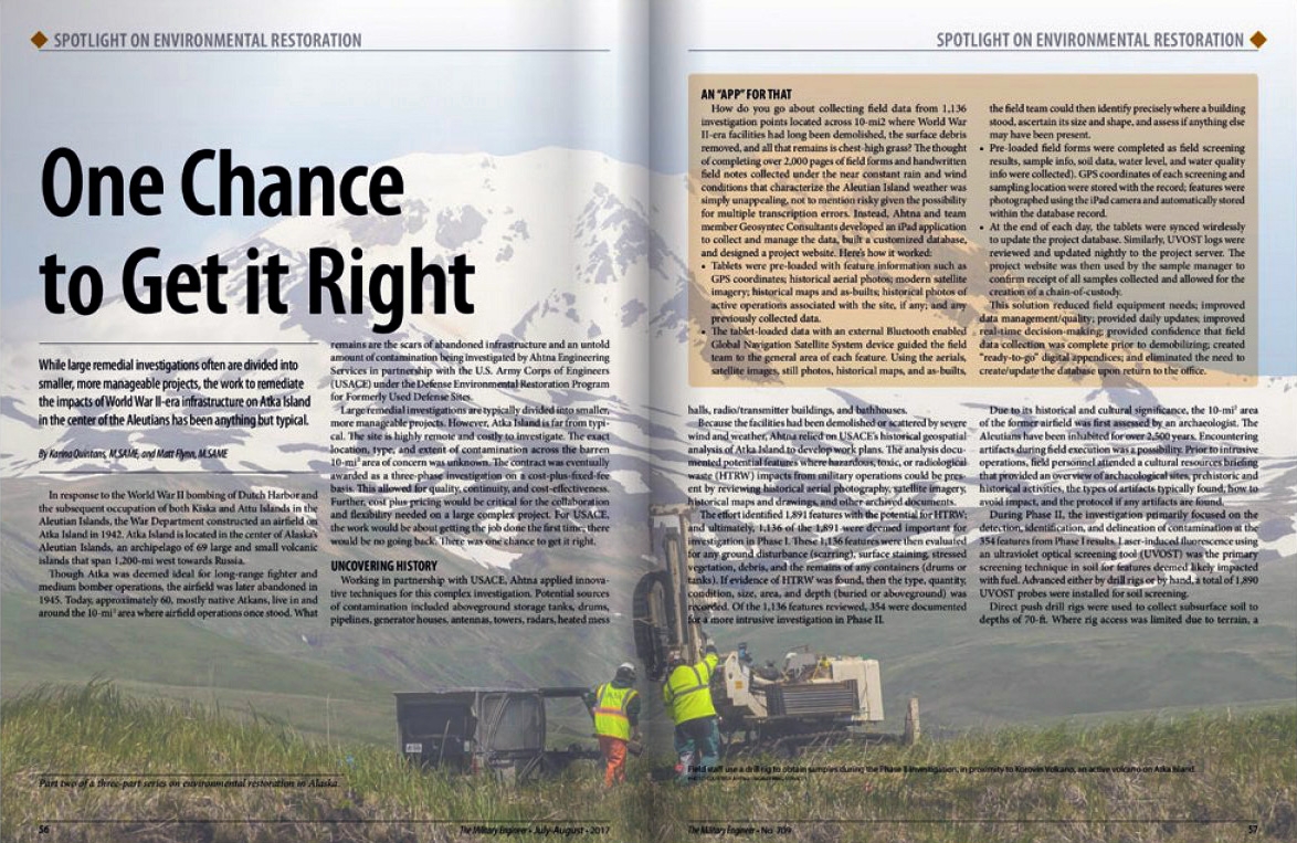 Two workers in high-visibility jackets stand near construction equipment on grassy land with a snowy mountain in the background. The article text overlays the image, with the headline One Chance to Get it Right.