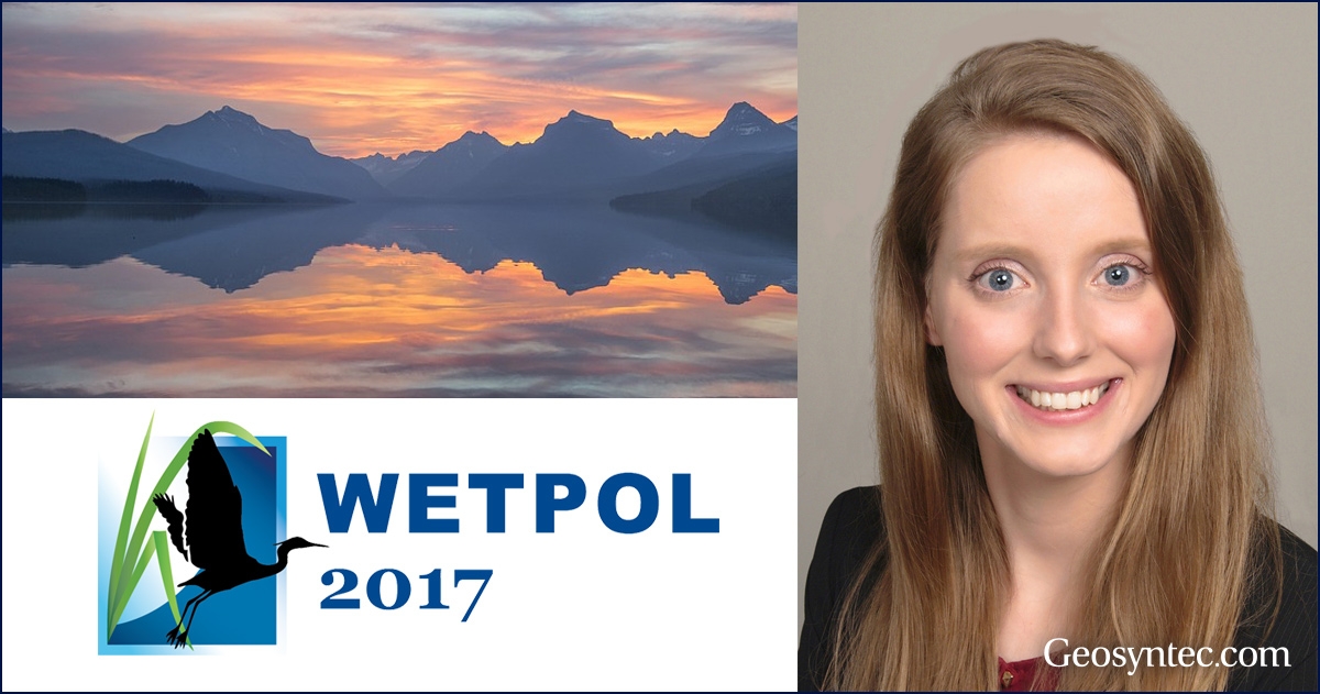 A split image shows a mountain lake at sunset, the WETPOL 2017 logo with a bird, and a smiling woman with long brown hair. The word Geosyntec.com appears in the corner.