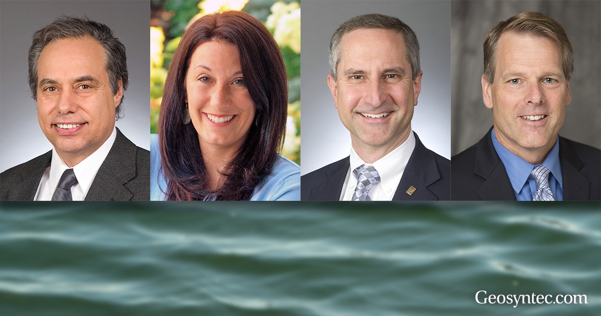 Four professionally dressed people, three men and one woman, are shown in separate portrait photos above an image of water with the text “Geosyntec.com” in the lower right corner.