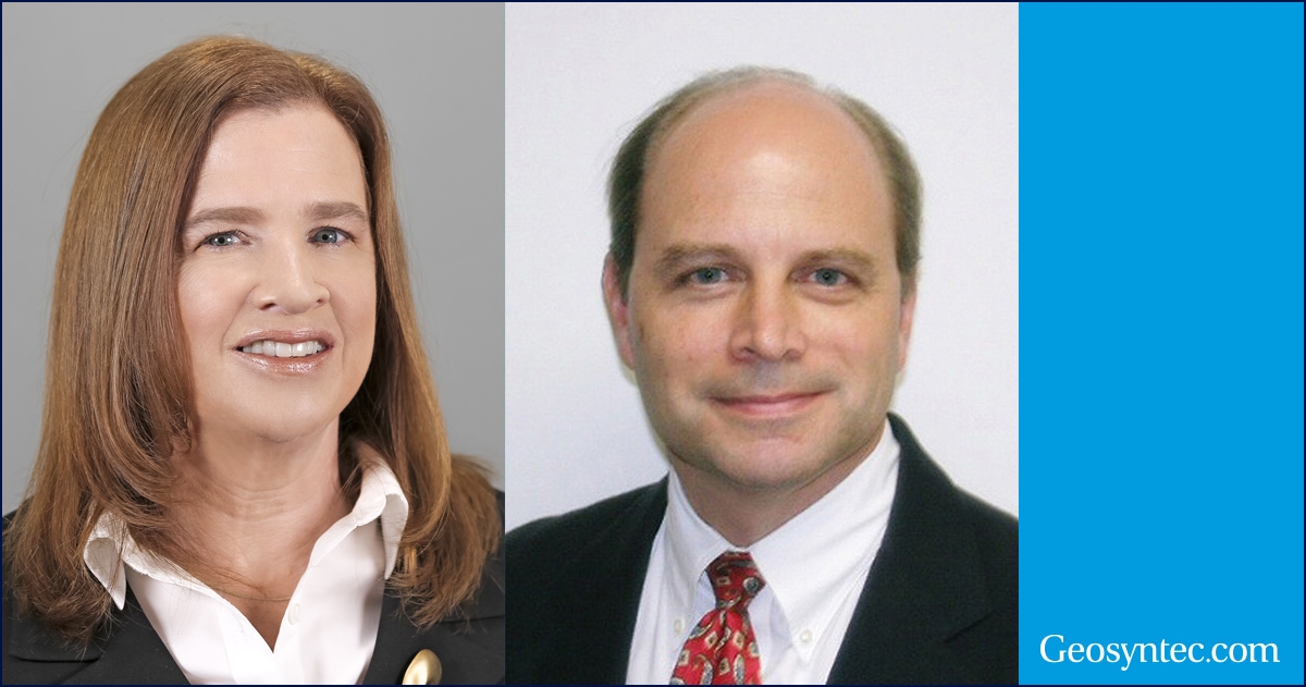 Side-by-side portraits of a woman with long brown hair in a blazer and a man with short light hair in a suit and red tie, with a blue section containing the text Geosyntec.com on the right.