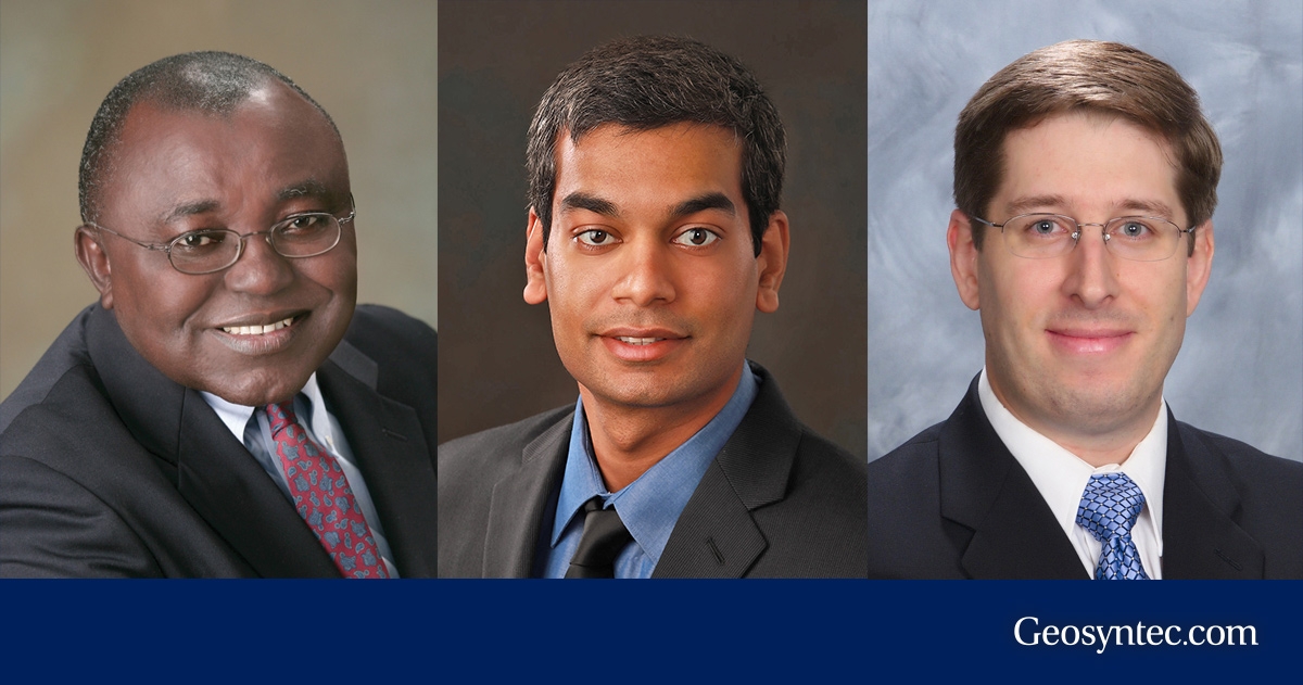 Three men in business attire are shown in individual professional headshots against different backgrounds. The image includes the text Geosyntec.com at the bottom right.