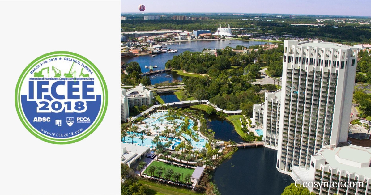 A round logo for the IFCEE 2018 event appears on the left. On the right is an aerial view of a large hotel with pools, surrounded by greenery and water in Orlando, Florida.