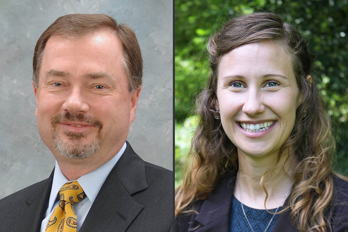 A split image shows a man in a suit and tie on the left with a neutral background, and a woman in a dark blazer and patterned top on the right, smiling outdoors with greenery behind her.