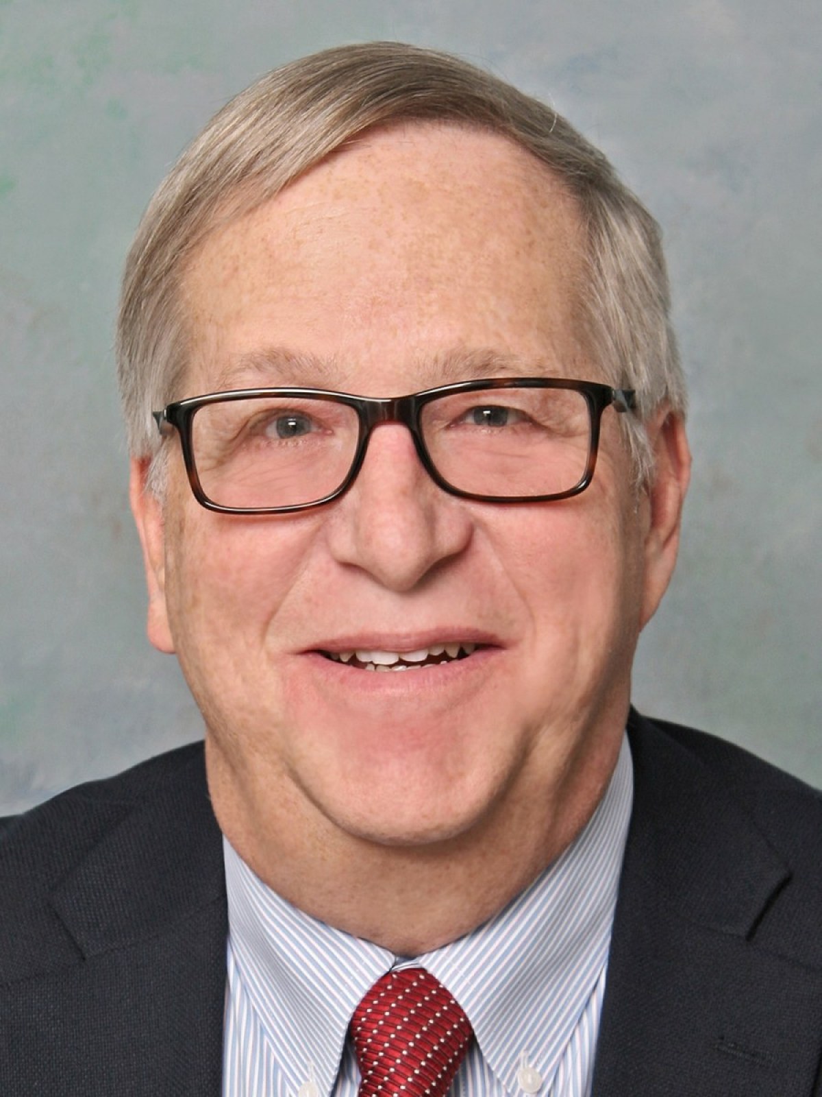 b6cb0e98eb69cb29df561dde9450e50f_XL A smiling older man with short gray hair and glasses, wearing a dark suit, light blue shirt, and red patterned tie, posed in front of a neutral, light-colored background.