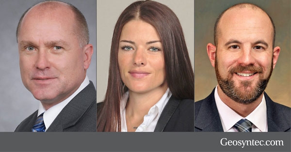 A composite image of three professionally dressed individuals—two men and one woman—posing for headshots against neutral backgrounds. The Geosyntec.com logo appears in the bottom right corner.
