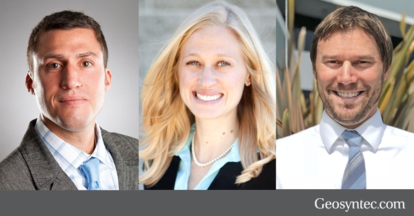 Three professionally dressed people, two men and one woman, are smiling in individual portrait photos. The Geosyntec logo is displayed at the bottom right corner.