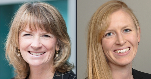 Side-by-side portraits of two women smiling, both with light hair; the woman on the left has shoulder-length hair and wears earrings, the woman on the right has long straight hair parted to the side.