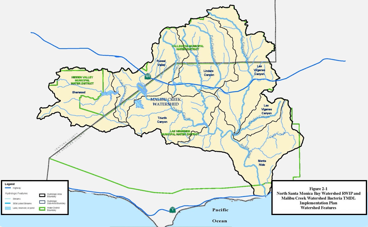 Map of the Malibu Creek Watershed in Southern California, showing rivers, creeks, lakes, cities, and boundaries, with the Pacific Ocean to the south and various natural and urban features labeled.