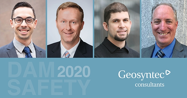 Four men in business attire are shown in professional headshots above a blue banner that reads “DAM SAFETY 2020” and “Geosyntec consultants.”.