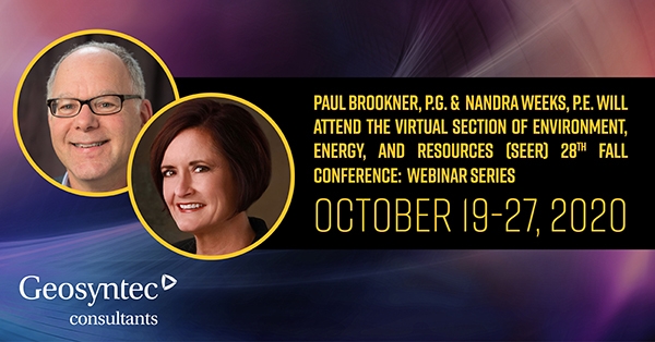 Two professional headshots (a smiling man with glasses and a woman with short brown hair) are featured on a conference graphic for the 2020 SEER webinar series, which runs from October 19–27. Geosyntec Consultants logo is at the bottom left.