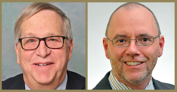 Headshots of two men. On the left, an older white man with glasses and a blue suit. On the right, a middle-aged white man with glasses, a beard, and a suit.