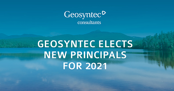 Geosyntec elects new principals for 2021. The company logo is at the top with text overlaying a serene lake and mountain landscape.