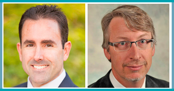 Two men are shown in a split image. On the left, a man in a suit smiles, with a blurred green background. On the right, a man in glasses and a suit looks at the camera.