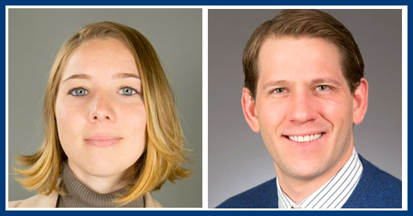 Side-by-side portraits of a woman with shoulder-length blond hair and a light brown turtleneck, and a man with short brown hair in a blue jacket, both smiling at the camera.