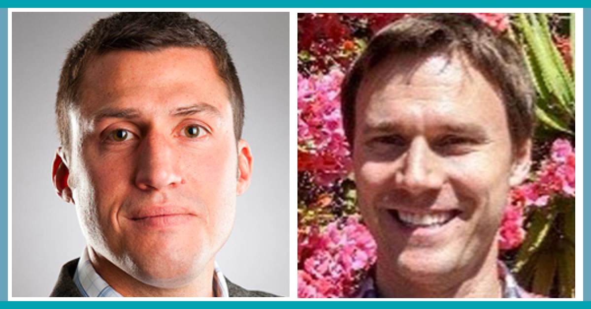 Side-by-side portraits of two men; the left man has short brown hair and a neutral expression, while the right man has brown hair and is smiling with pink flowers and greenery in the background.