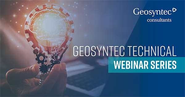 A hand holds a glowing lightbulb with gears and a brain illustration inside, symbolizing ideas and innovation. The text reads Geosyntec Technical Webinar Series with the Geosyntec Consultants logo.