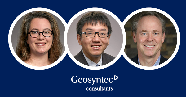 Three people, two men and one woman, are shown in individual circular frames above the Geosyntec Consultants logo on a dark blue background.