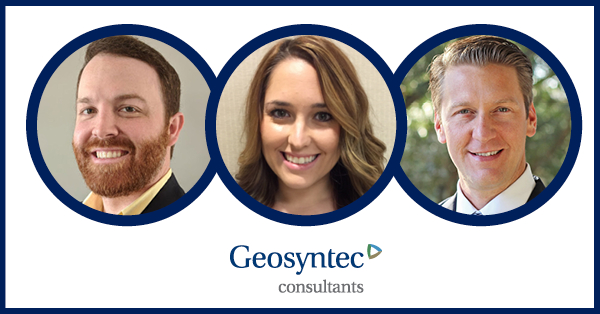Three people are pictured in individual circular frames above the Geosyntec Consultants logo. The first person is a bearded man, the second is a woman with wavy hair, and the third is a man with light hair, all smiling.