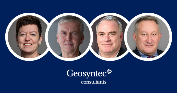 Four professionally-dressed people are shown in circular frames above the Geosyntec Consultants logo on a dark blue background.