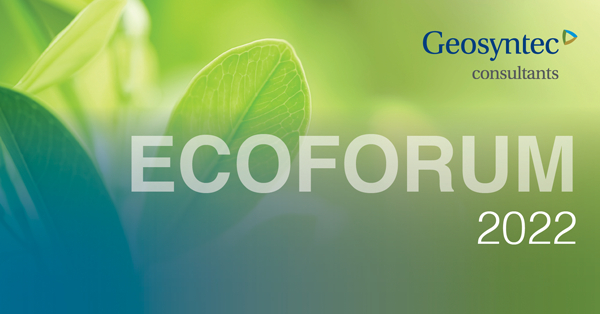 Green leaves in soft focus with the text “Geosyntec consultants” in blue and “ECOFORUM 2022” in large, white letters on top.