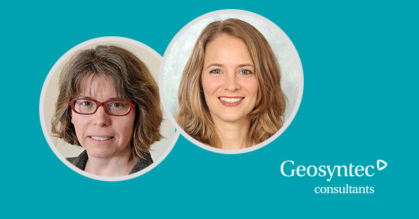Two women are pictured in individual circular frames on a teal background. The Geosyntec Consultants logo appears in white text to the right of the images.