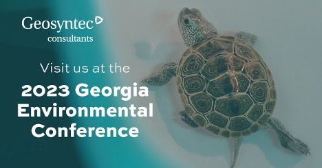 103a7ca3730a53cc90a1aee2ebac044e A sea turtle swims in clear water next to text that reads: Geosyntec consultants. Visit us at the 2023 Georgia Environmental Conference.