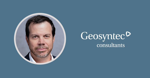 Headshot of a man with short dark hair and beard next to the Geosyntec Consultants logo on a blue background.