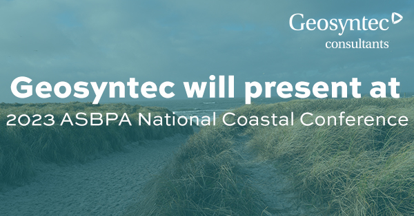 Announcement graphic with beach dunes background reads, Geosyntec will present at 2023 ASBPA National Coastal Conference. Geosyntec Consultants logo is in the top right corner.
