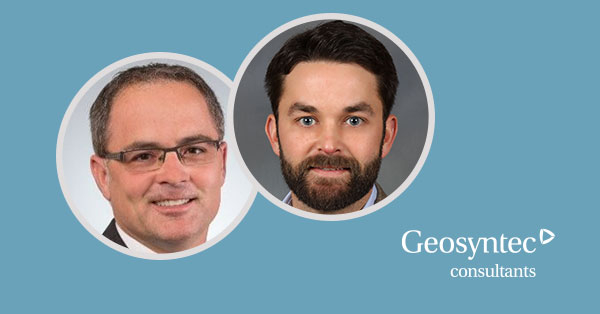 7b45aba318b5a7f0d1d70aa60ed6f2a5 Two men in circular headshots on a blue background, next to the white Geosyntec Consultants logo. The man on the left has short dark hair, glasses, and a suit. The man on the right has dark hair, a beard, and a light shirt.