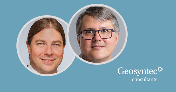 Two men with light skin are shown in separate circular frames on a blue background. “Geosyntec consultants” is written in white text on the right side of the image.