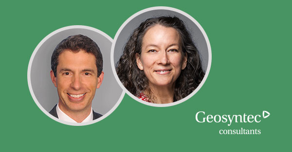Two people, a man and a woman, are shown in separate circular frames on a green background. The logo Geosyntec consultants appears on the right side of the image.