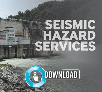 A dam with water flowing out, surrounded by trees, with the text Seismic Hazard Services and a blue circular Download button featuring a hand icon in the foreground.