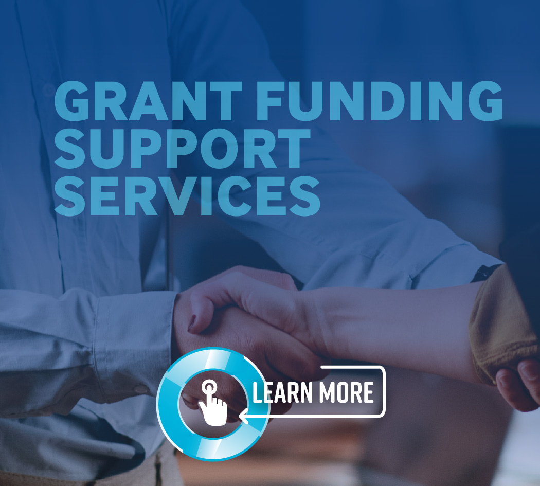 Two people shaking hands, with the text Grant Funding Support Services above them. At the bottom, a circular icon with a hand and the words Learn More appears. The scene has a blue overlay.
