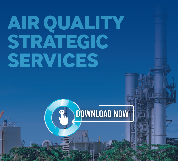 Industrial facility with smokestacks and trees in the foreground. Large text reads Air Quality Strategic Services. A blue download button with a hand icon and Download Now is displayed.